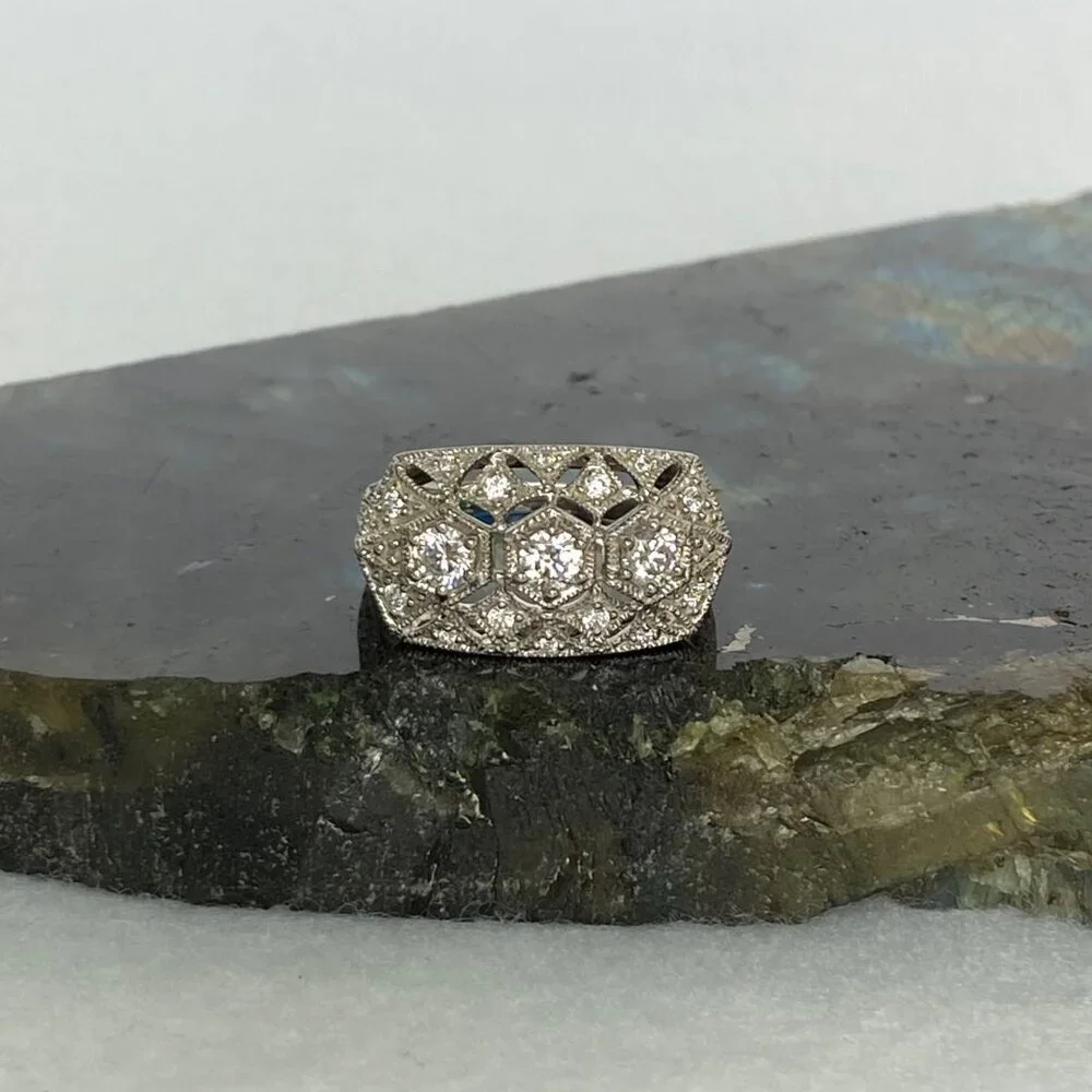 Sterling Silver 925 MEDA Multi Stone Round CZ Vintage Style Band Ring Sz 6.75